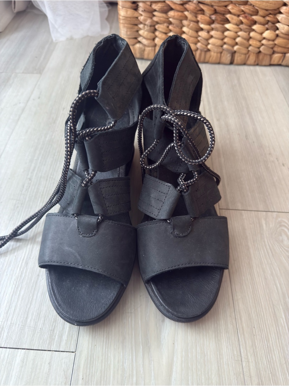 Sorel Black Lace-Up Open-Toe Heeled Sandals